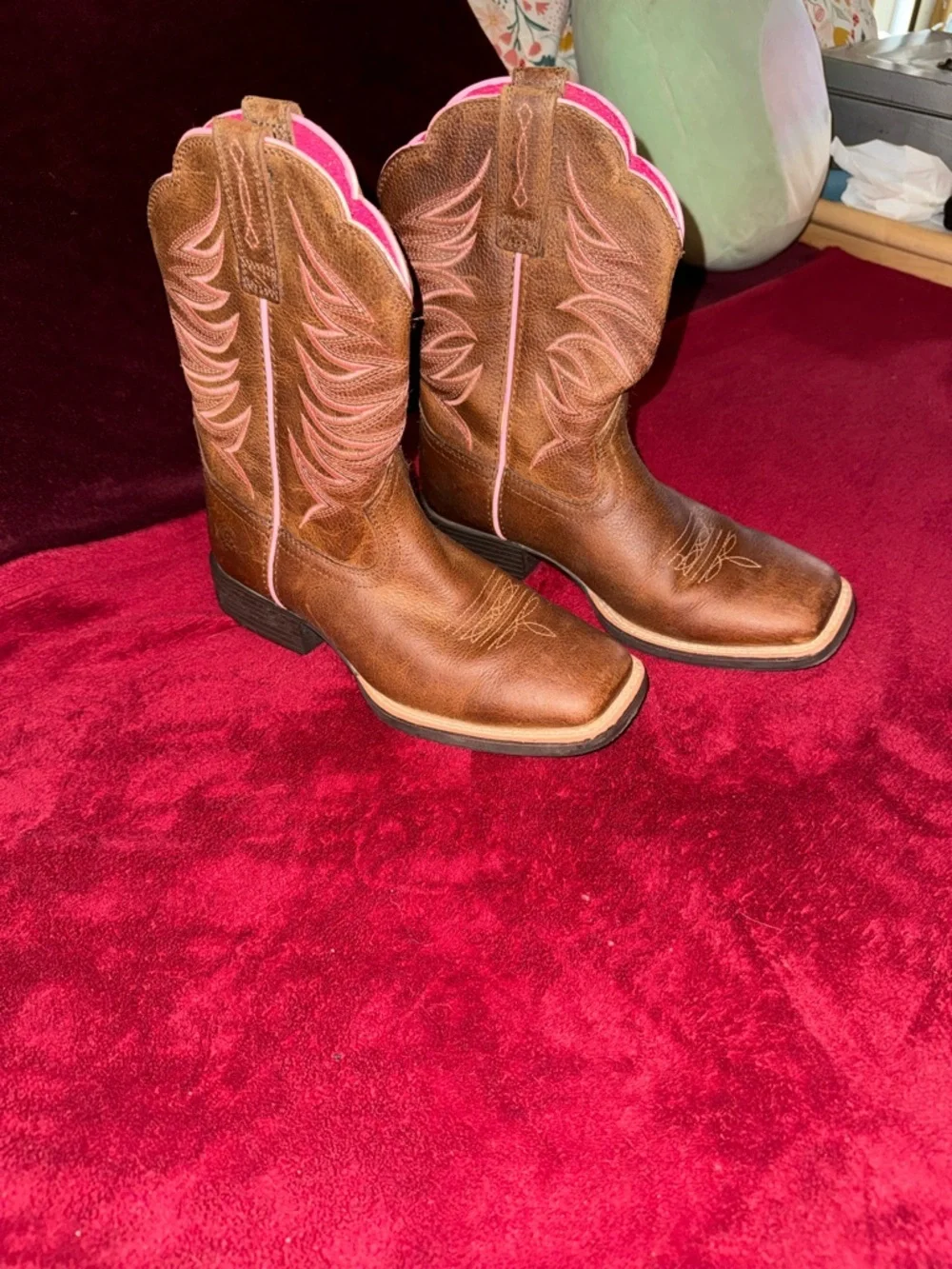 ARIAT Girls Youth Western Cowboy Leather Boots Size 2 Brown Pink Accents